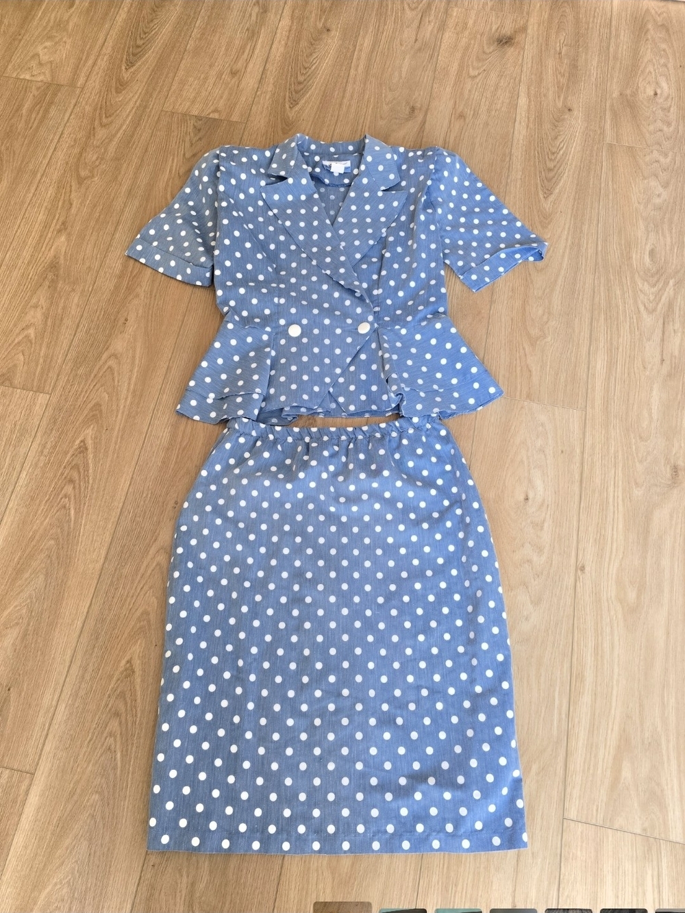 80's Vintage Just Ducky Polka Dot Two-Piece Skirt Set - Blue